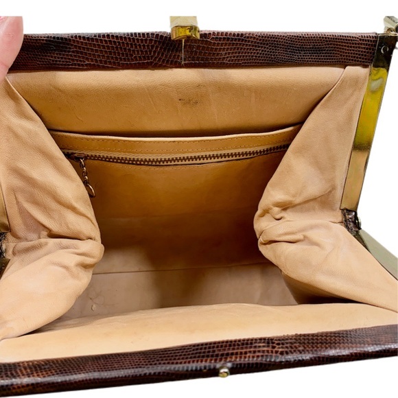 Vintage Brown Exotic Lizard Skin Kiss Lock Handbag - Picture 10 of 10